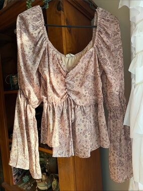 Peach Love California Pink Paisley Drawstring Peplum Blouse